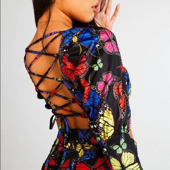 JADED LONDON Butterfly Puff Sleeve Lace‎ Up Crop Top Festival Black Women's 4 - Picture 2 of 10